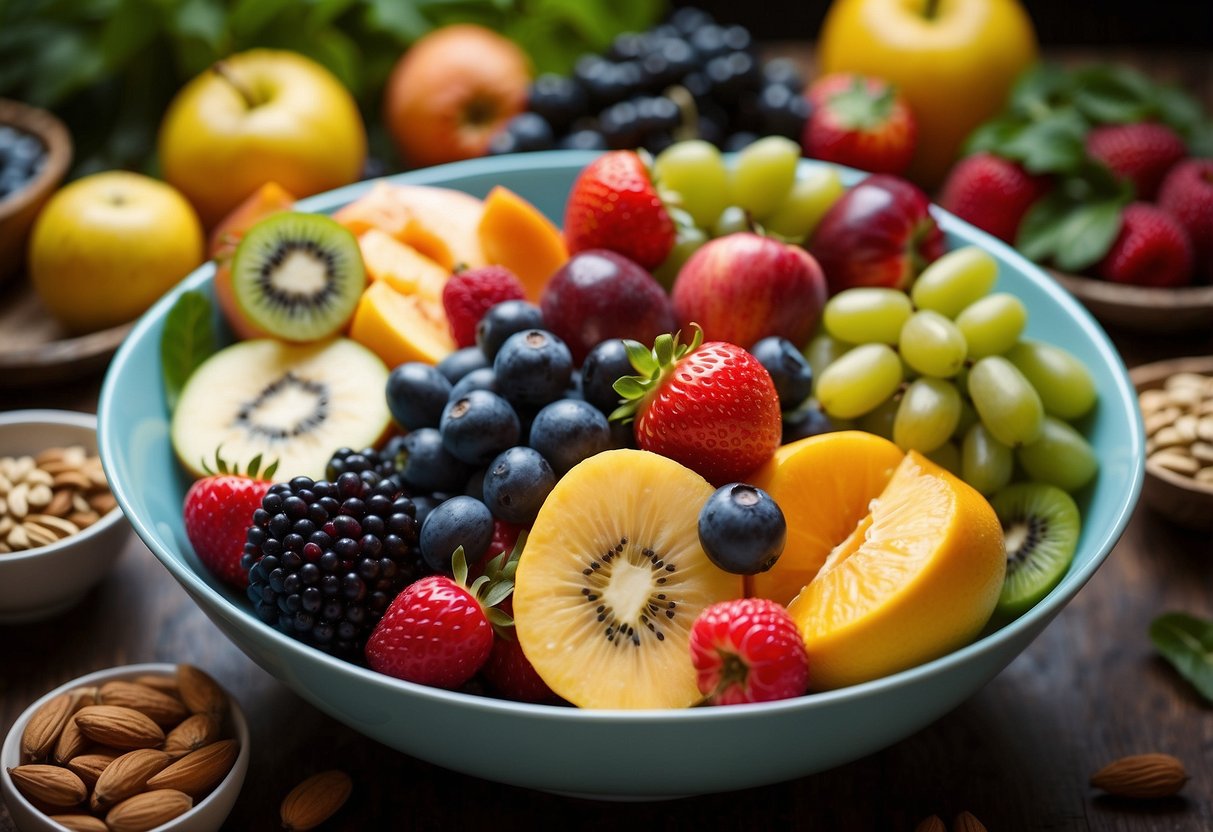 A vibrant fruit bowl overflowing with an assortment of colorful fruits, surrounded by fresh vegetables and a variety of organic nuts and seeds