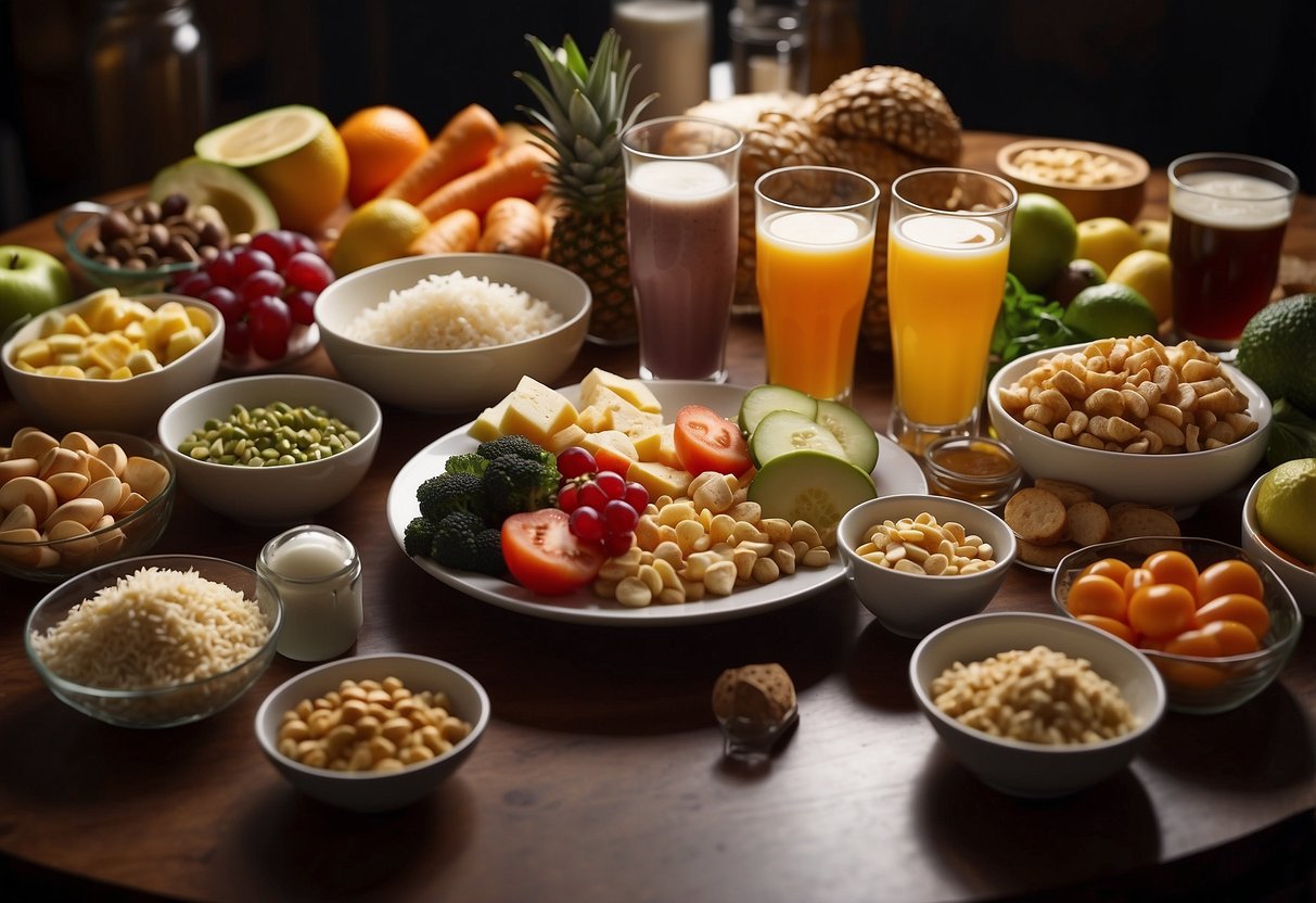 A table covered with various foods and drinks, surrounded by conflicting nutrition advice. A spotlight shines on a pile of misleading headlines and myths