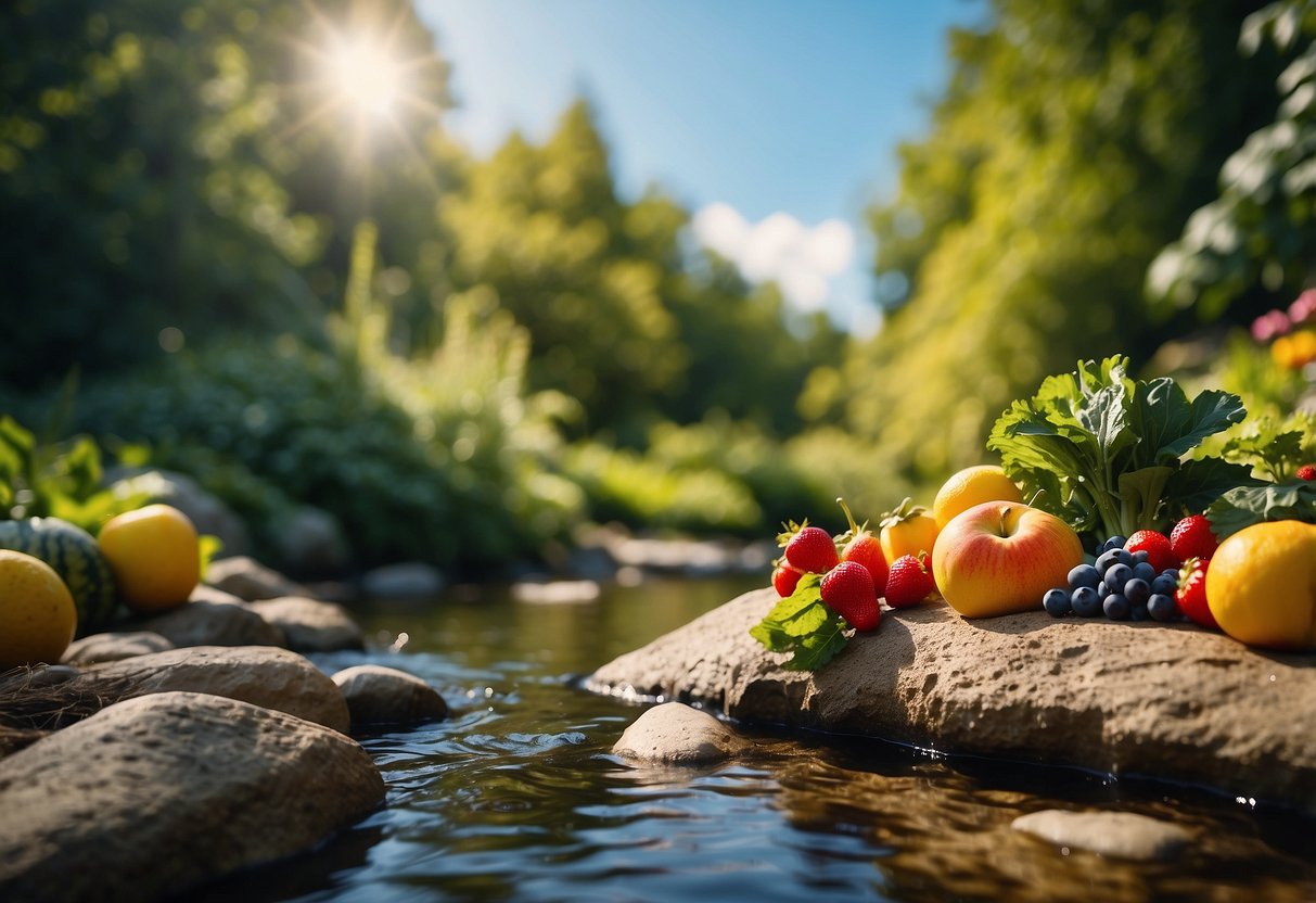 A vibrant garden with lush, colorful fruits and vegetables, surrounded by a clear stream and vibrant wildlife, under a bright, sunny sky