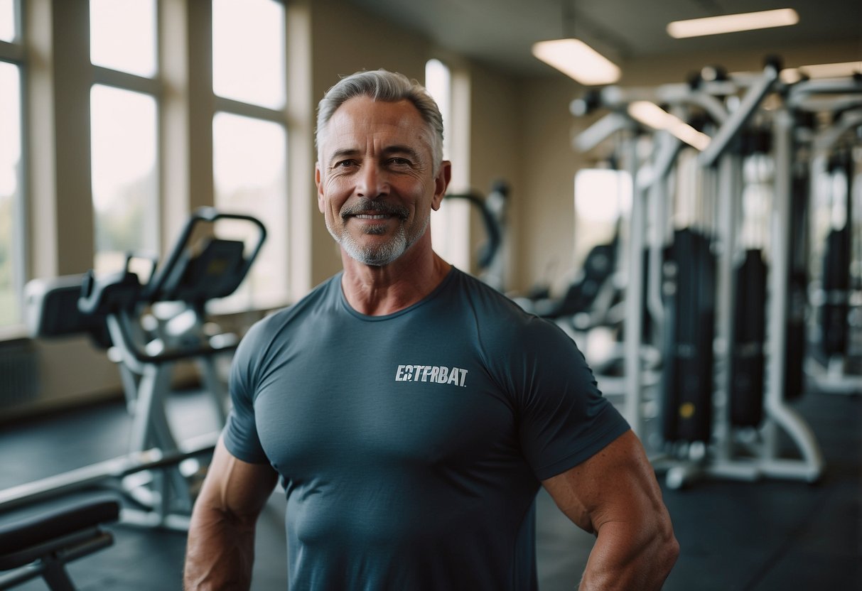 A serene, sunlit gym with modern equipment and motivational posters. A diverse group of middle-aged individuals engage in strength training and cardio workouts