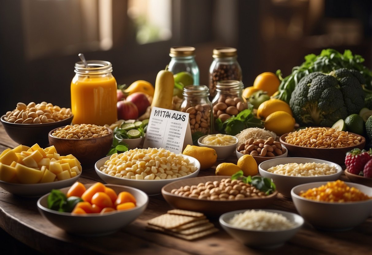 A table covered in various foods with conflicting diet labels, surrounded by misleading nutrition myths written on colorful banners