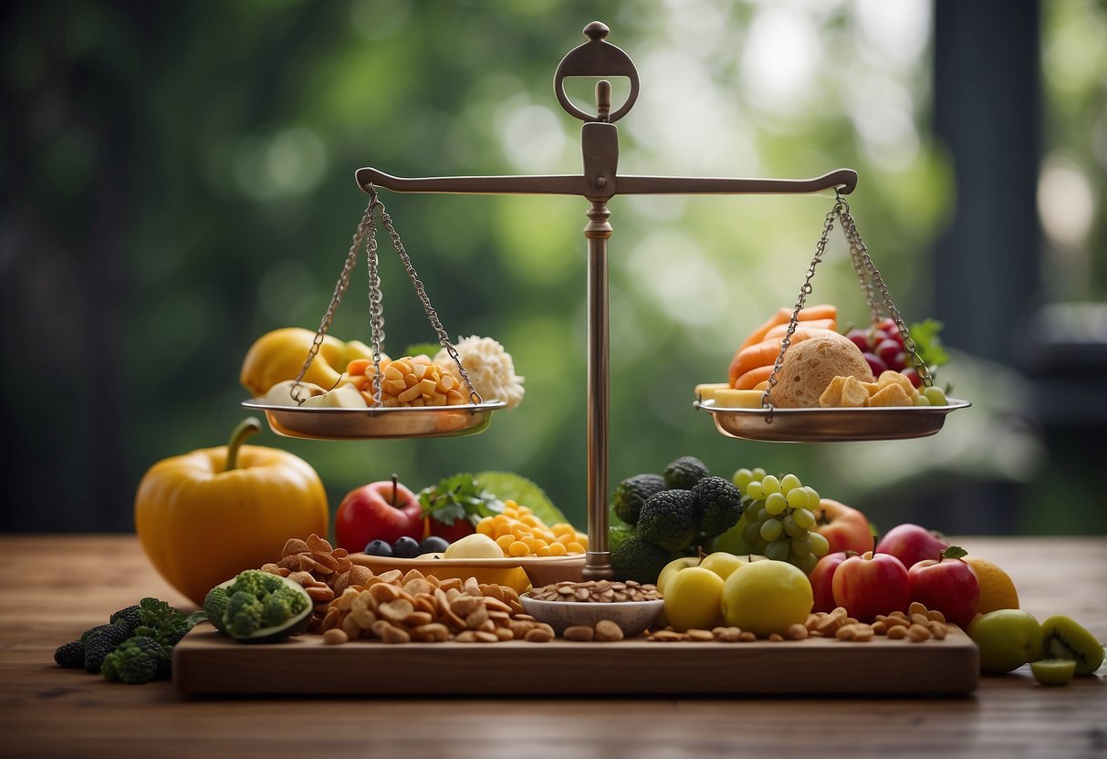 A balanced scale with healthy foods on one side and unhealthy foods on the other, surrounded by question marks and a sense of uncertainty