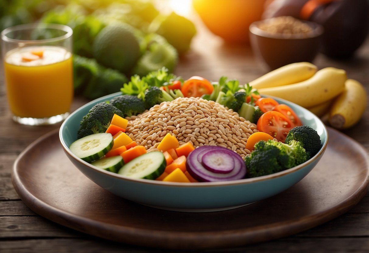 A colorful plate with lean protein, whole grains, and vibrant vegetables, surrounded by fitness equipment and a vibrant sunset