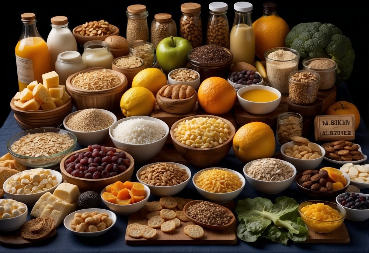 A table covered with various food products, each with misleading labels. Bright colors and bold claims contrast with the reality of the nutrition content