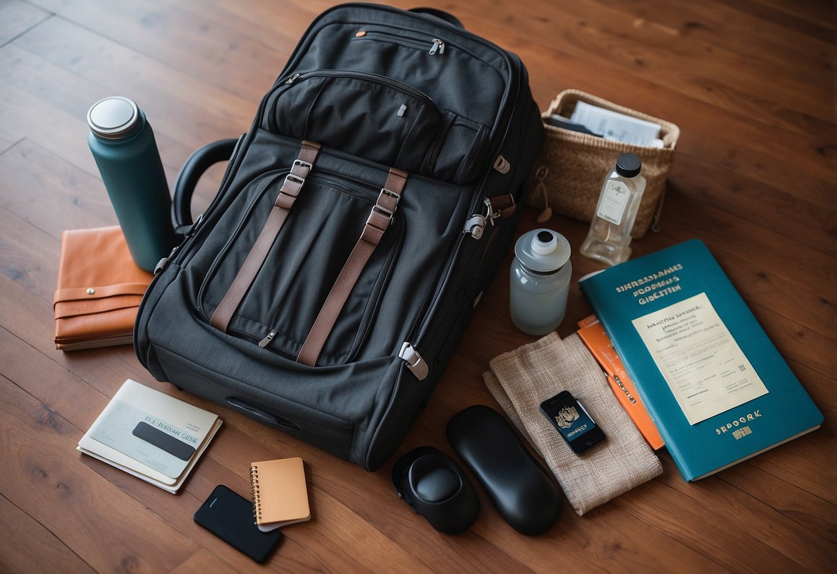 A suitcase bursting with travel essentials, surrounded by hiking boots, a yoga mat, and a water bottle. A map and guidebook lay nearby, with a passport and boarding pass peeking out from a pocket