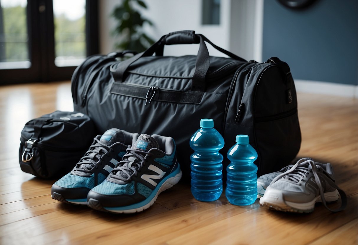 A gym bag sits next to a doorway, with a pair of running shoes and a water bottle nearby. A calendar on the wall shows daily workout schedules