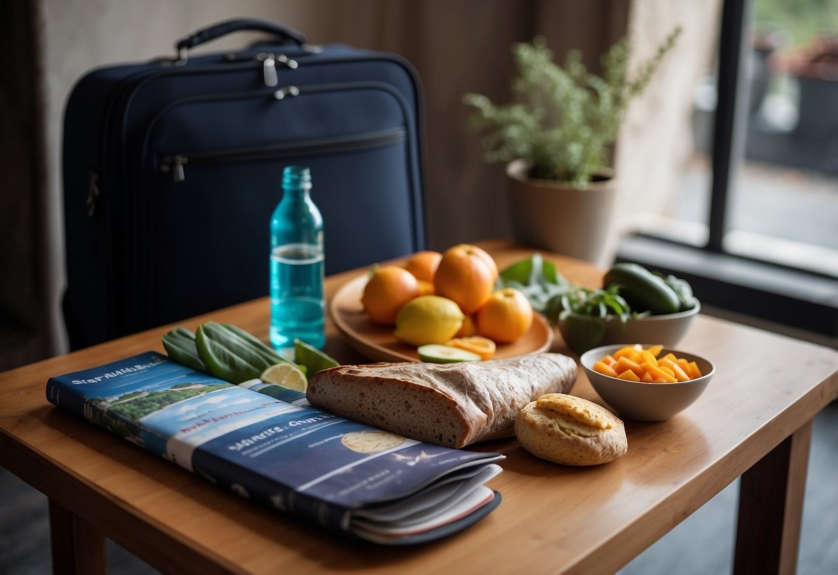 A suitcase filled with healthy snacks and a water bottle next to a map and travel guide. A yoga mat and running shoes nearby