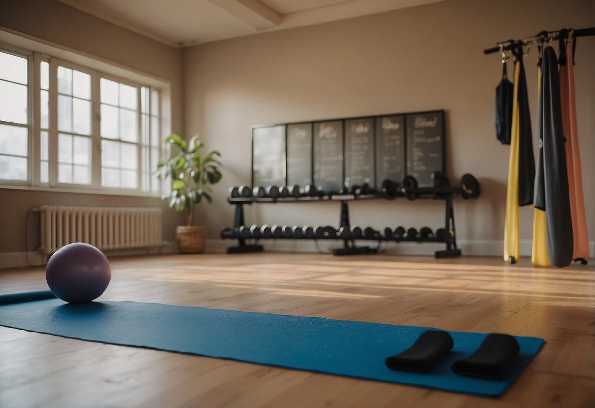 A room with exercise equipment, yoga mat, and resistance bands. A calendar on the wall marked with workout days. Natural light streaming in through the window