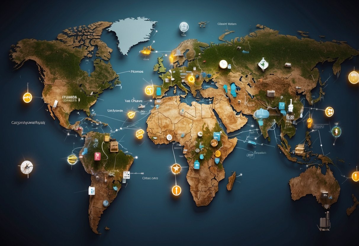 A world map with vaccine symbols and disease icons scattered across different continents, emphasizing the global impact of travel on health