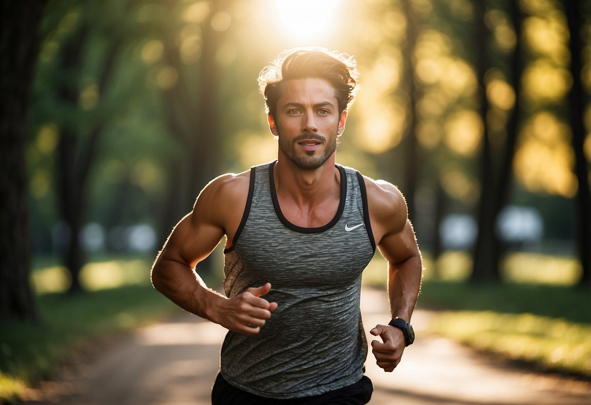 A person running outdoors in a park, surrounded by trees and nature. The sun is shining, and they have a determined expression on their face